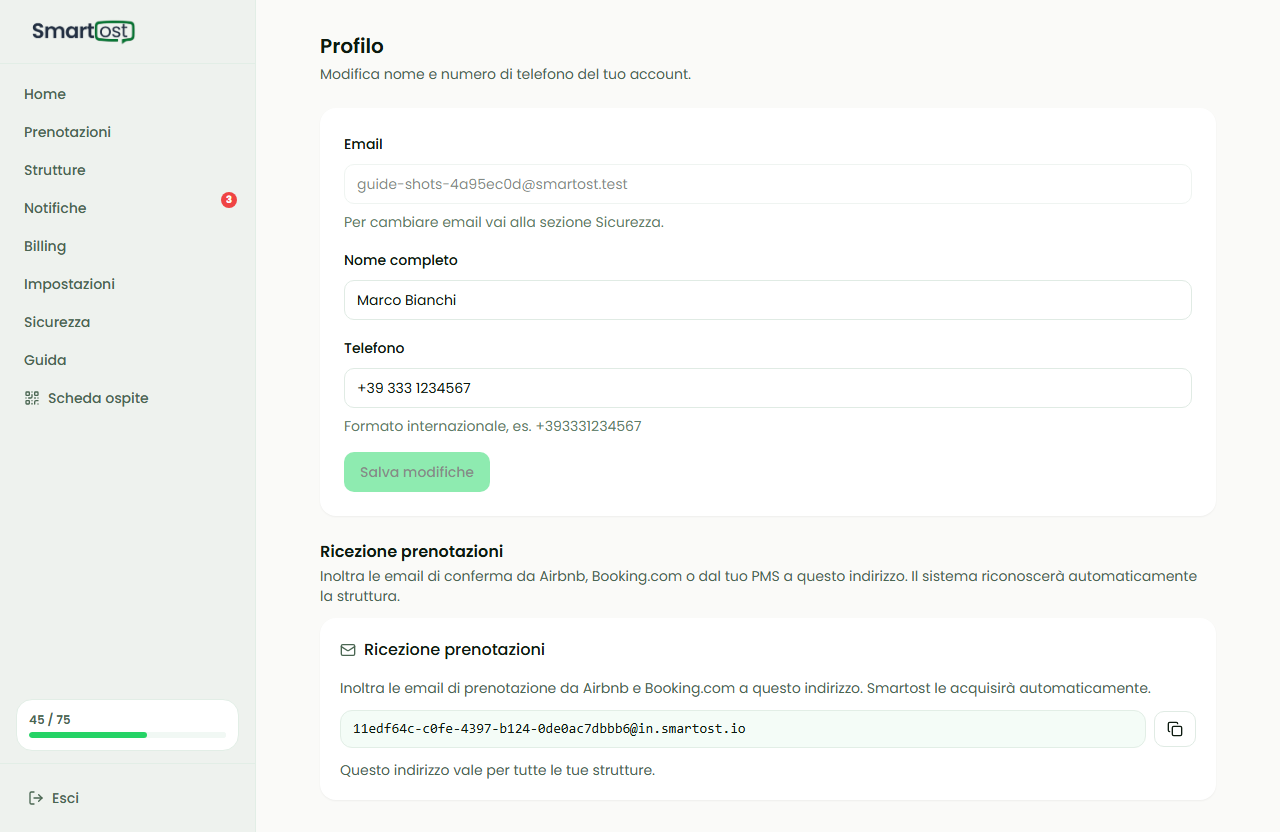 Pagina /profile con form nome e telefono