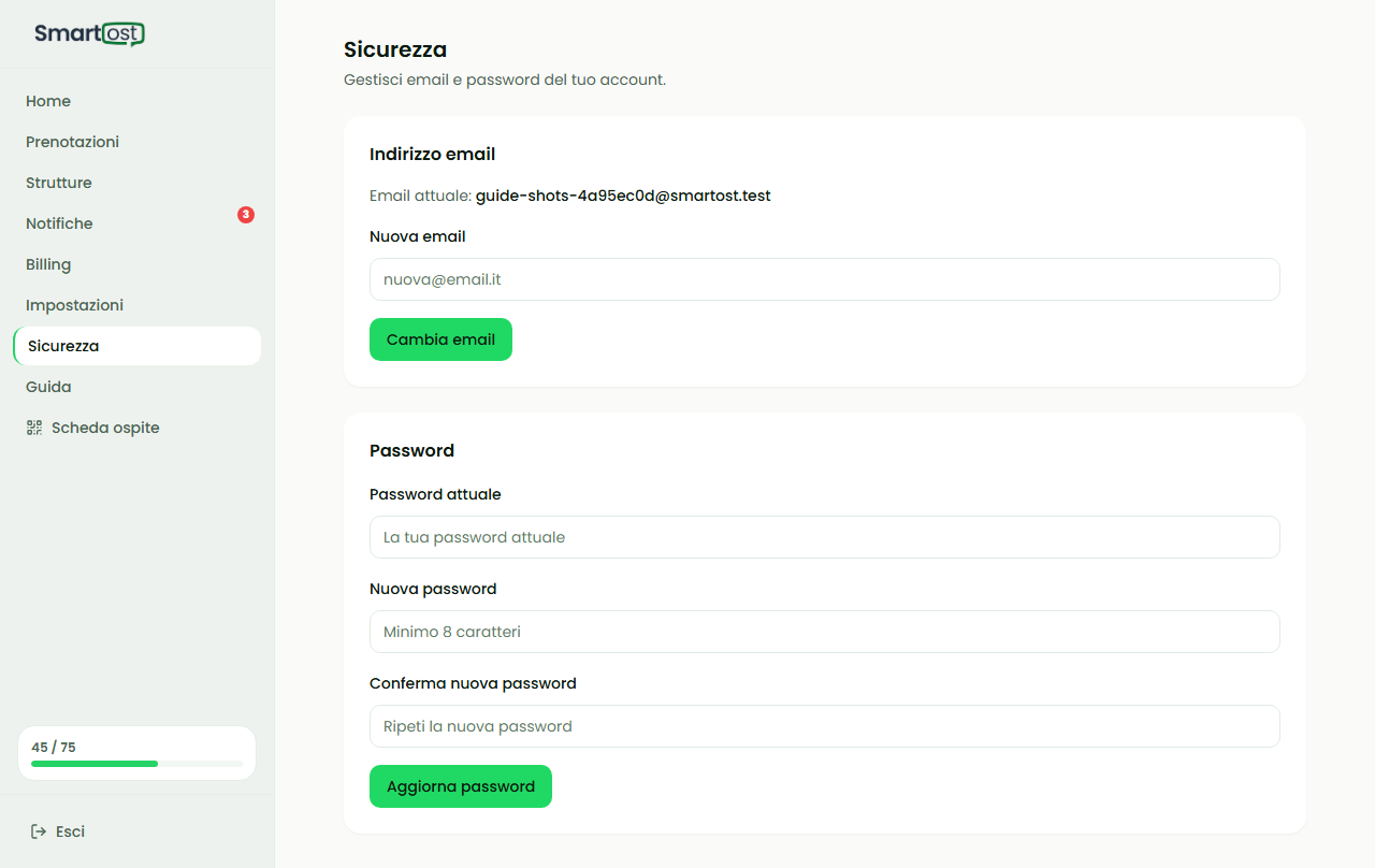 Pagina /security con sezioni email e password