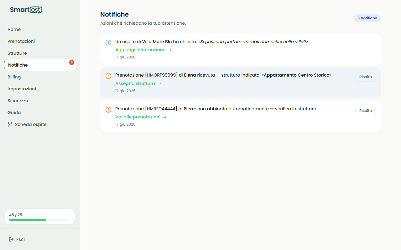 Pagina /notifications con lista notifiche di tipo diverso