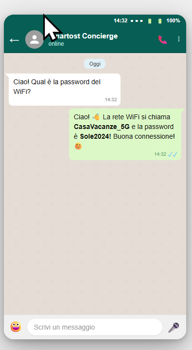 Esempio di conversazione WhatsApp tra ospite e concierge