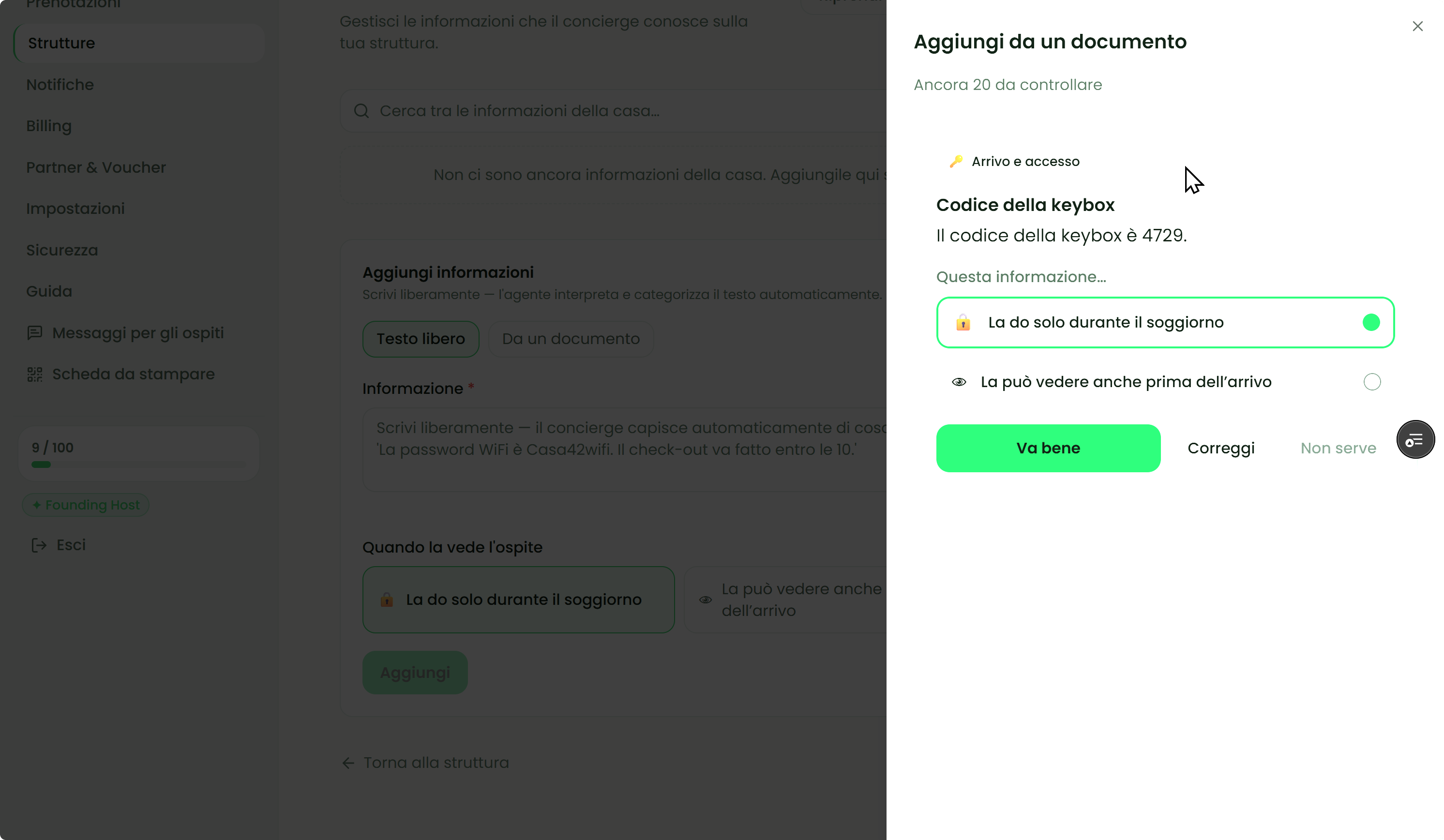 Schermata di revisione con una card per voce sensibile che mostra la scelta sulla visibilità