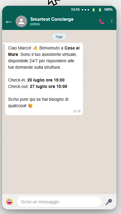 Messaggio di benvenuto WhatsApp inviato all'ospite al momento dell'attivazione