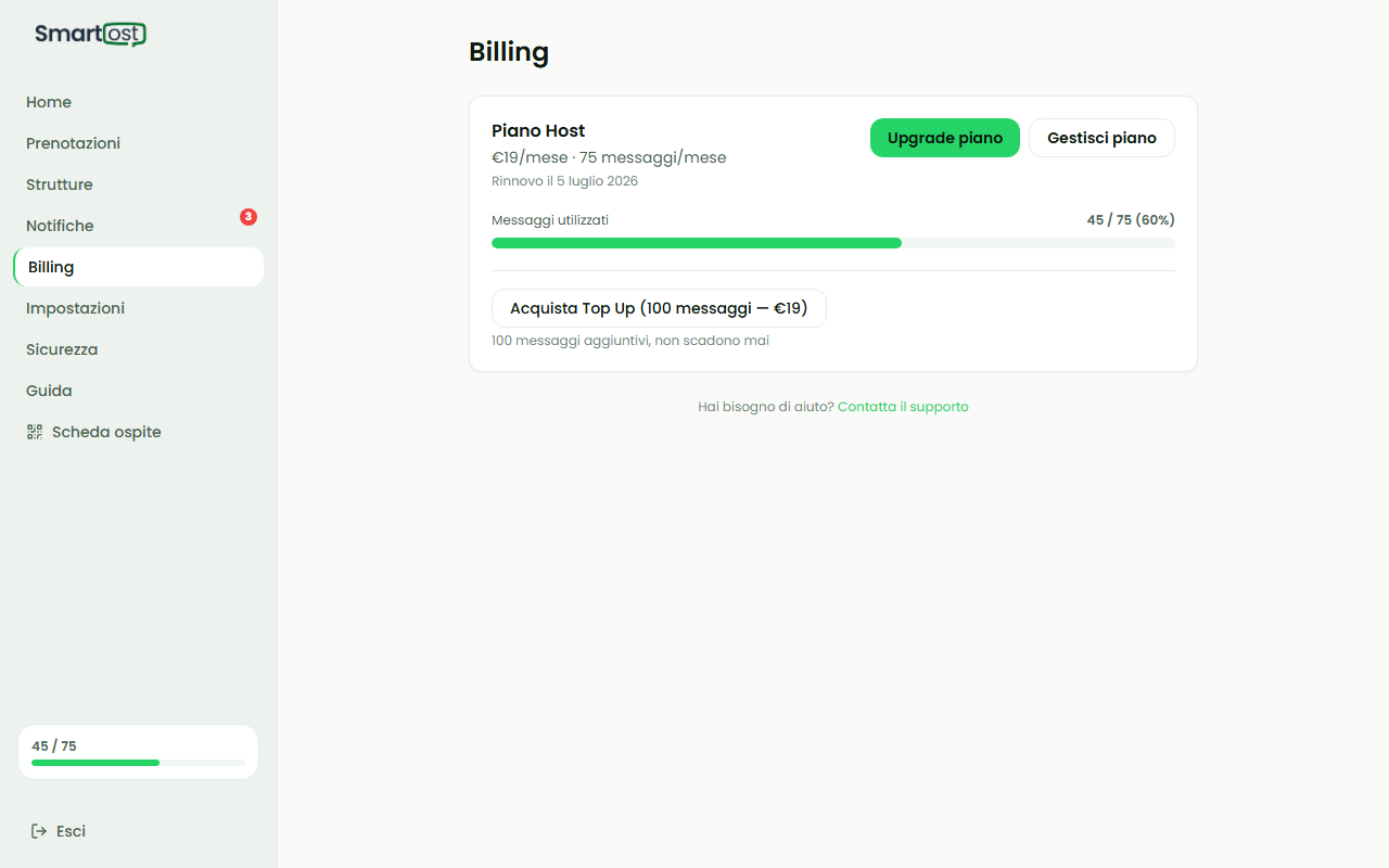 Pagina /billing — piano attivo con barra utilizzo