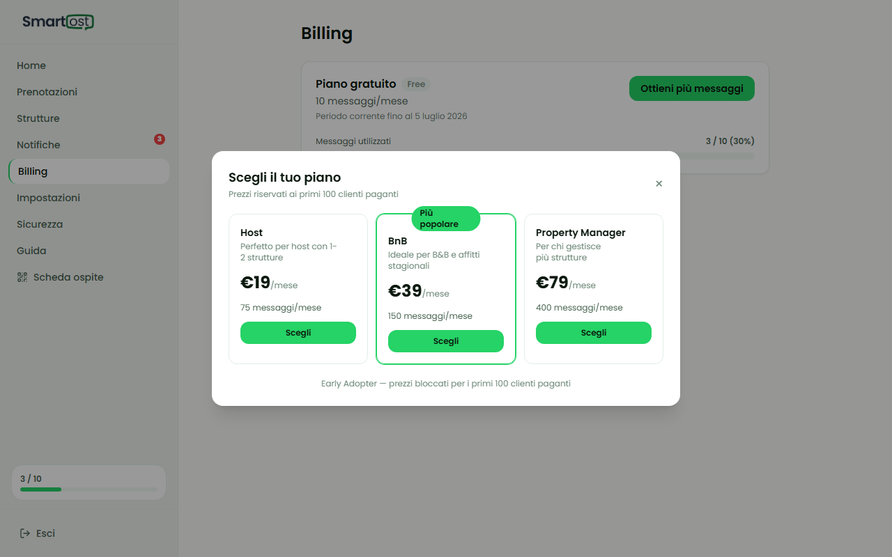 Modal di selezione piano con le tre opzioni a pagamento