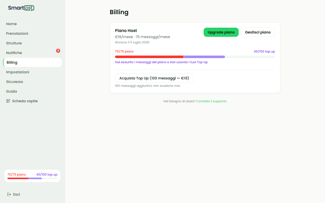 Pagina billing con barra doppia blu/viola e pulsanti azione