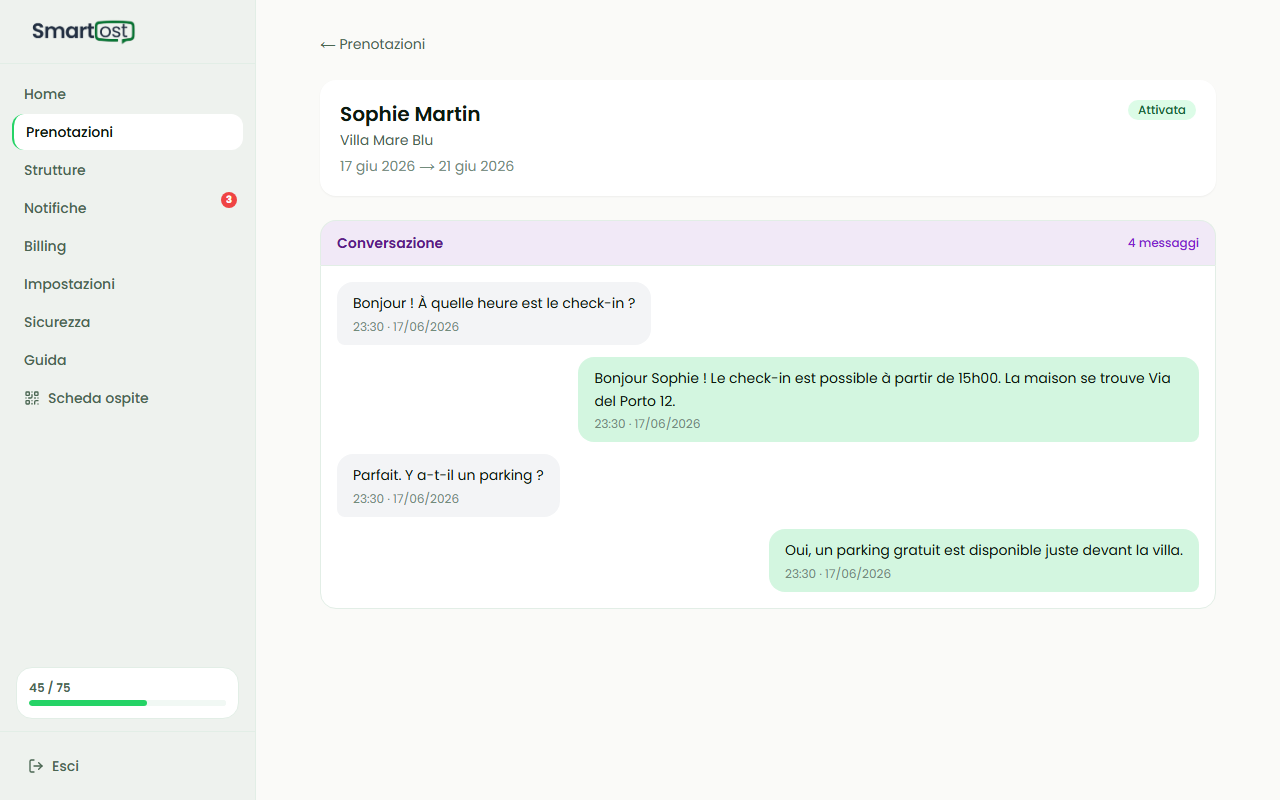 Scheda prenotazione con intestazione e conversazione WhatsApp
