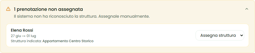 Sezione prenotazioni non abbinate nella lista prenotazioni