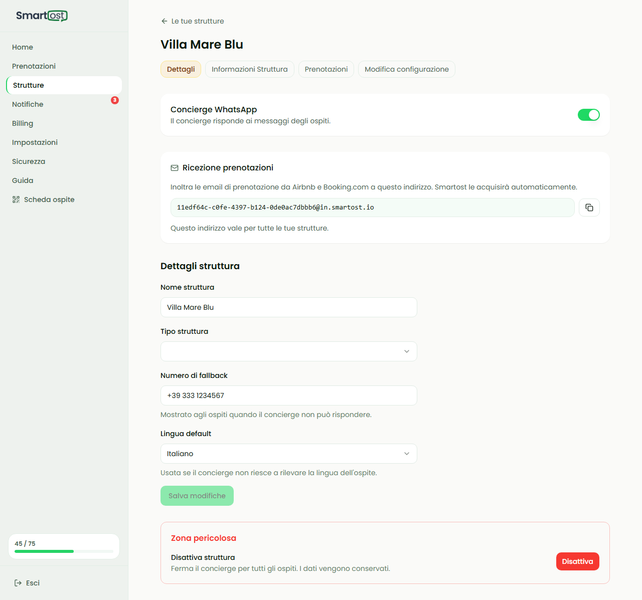 Scheda struttura — tab Dettagli con toggle concierge e alias email