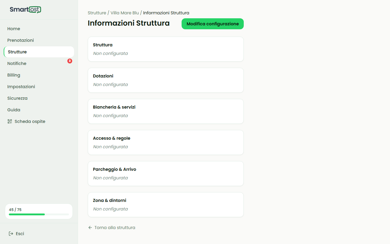 Scheda struttura — tab Informazioni struttura con riepilogo configurazione
