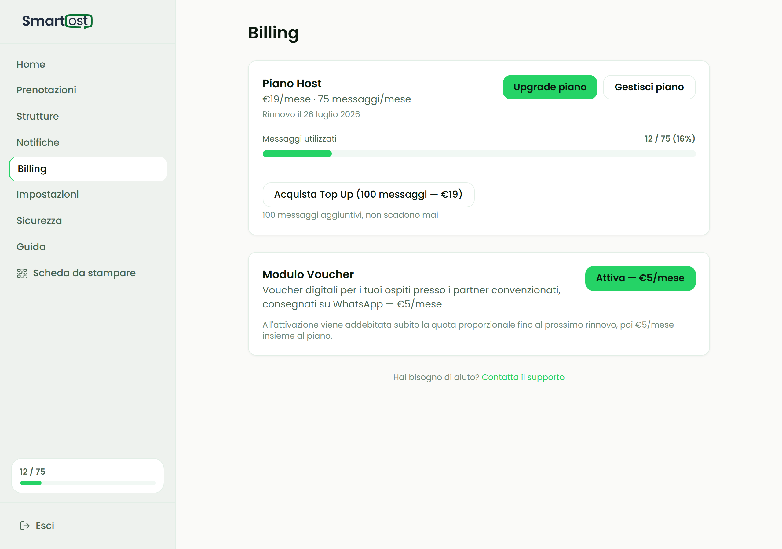 Card Modulo Voucher nella pagina Billing con il pulsante Attiva e il prezzo €5/mese